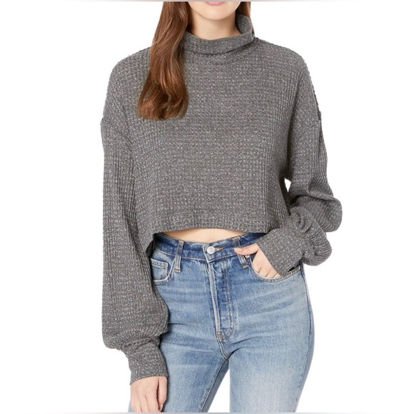 Free People Sweaters - FREE PEOPLE Grey Waffle Knit Cropped Turtleneck Long Sleeve Sweater